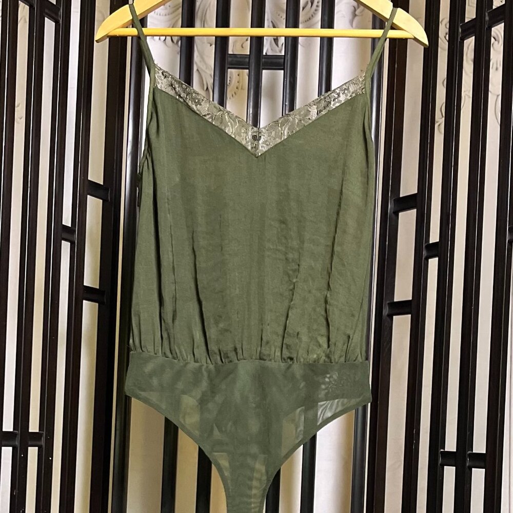 Socialite Olive Green Lace Detail Bodysuit - Small, Silky Spaghetti Strap